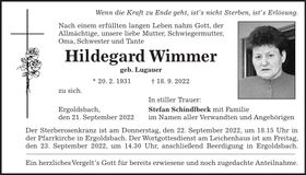 Traueranzeige Hildegard Wimmer