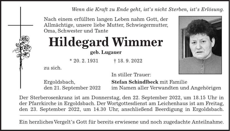Traueranzeige Hildegard Wimmer