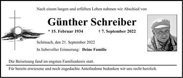 Traueranzeige Günther Schreiber