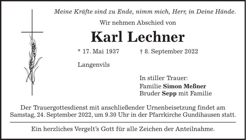 Traueranzeige Karl Lechner
