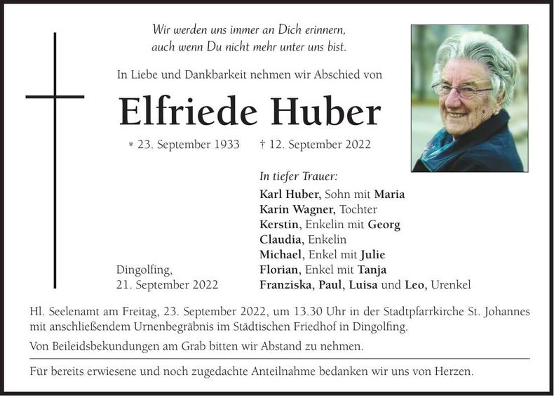 Traueranzeige Elfriede Huber