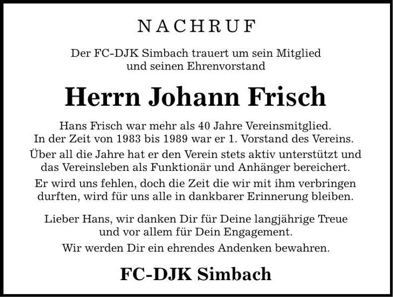 Traueranzeige Johann Frisch