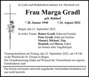 Traueranzeige Marga Gradl