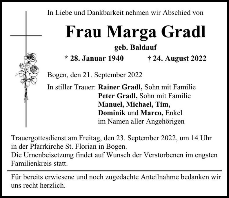 Traueranzeige Marga Gradl