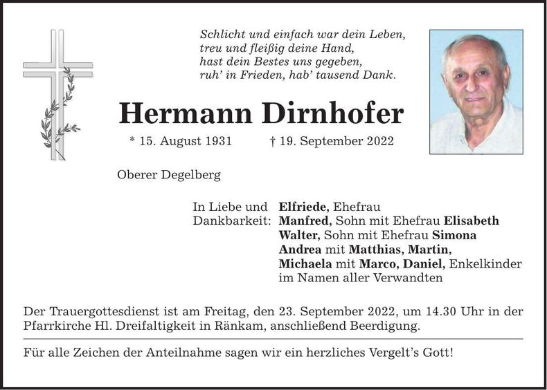 Traueranzeige Hermann Dirnhofer