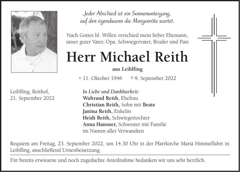 Traueranzeige Michael Reith