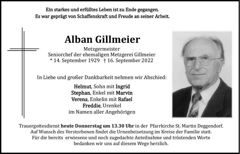 Traueranzeige Alban Gillmeier