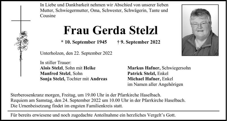 Traueranzeige Gerda Stelzl