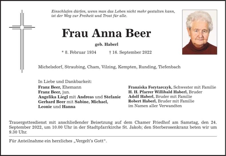 Traueranzeige Anna Beer