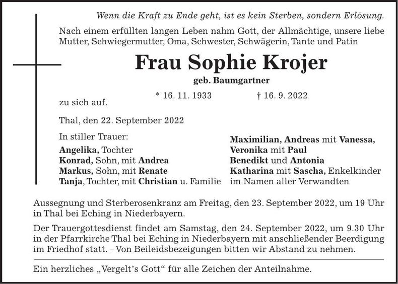Traueranzeige Sophie Krojer