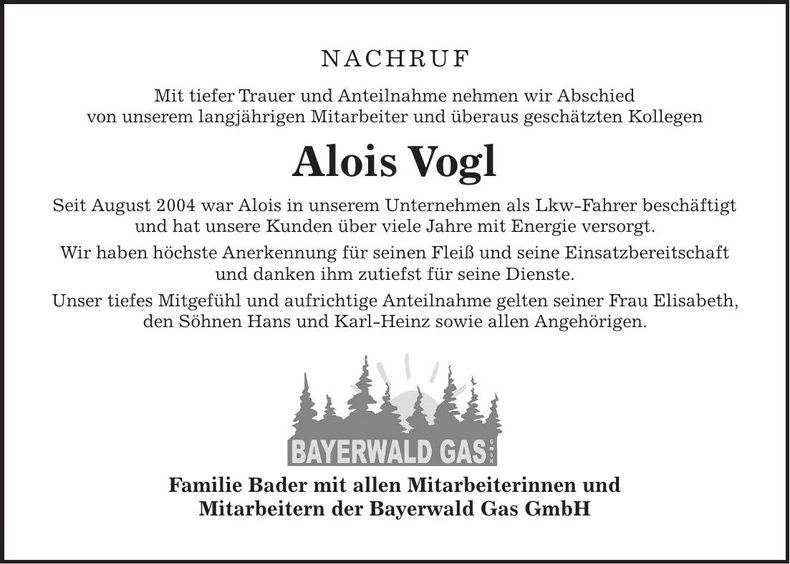 Traueranzeige Alois Vogl