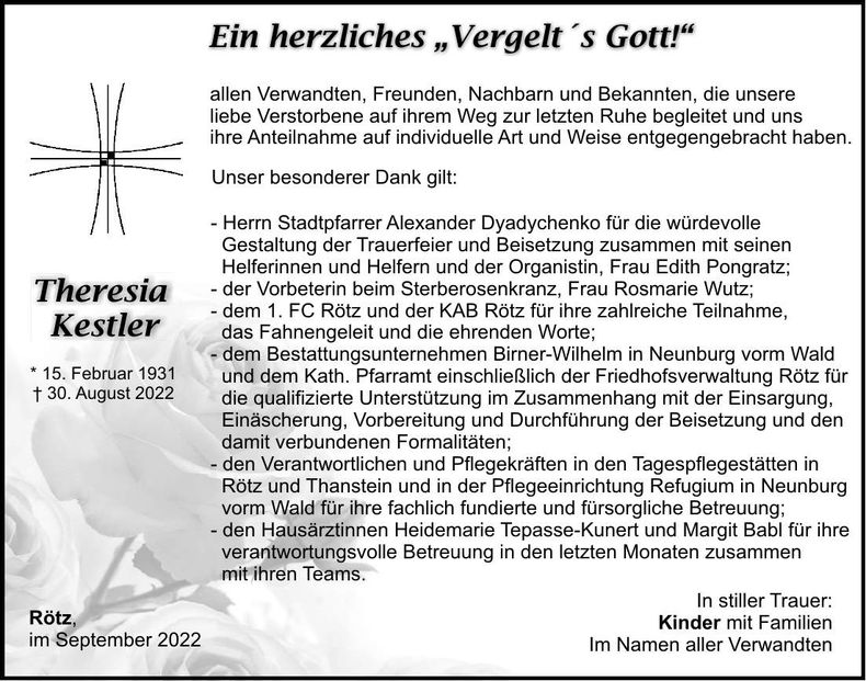 Traueranzeige Theresia Kestler