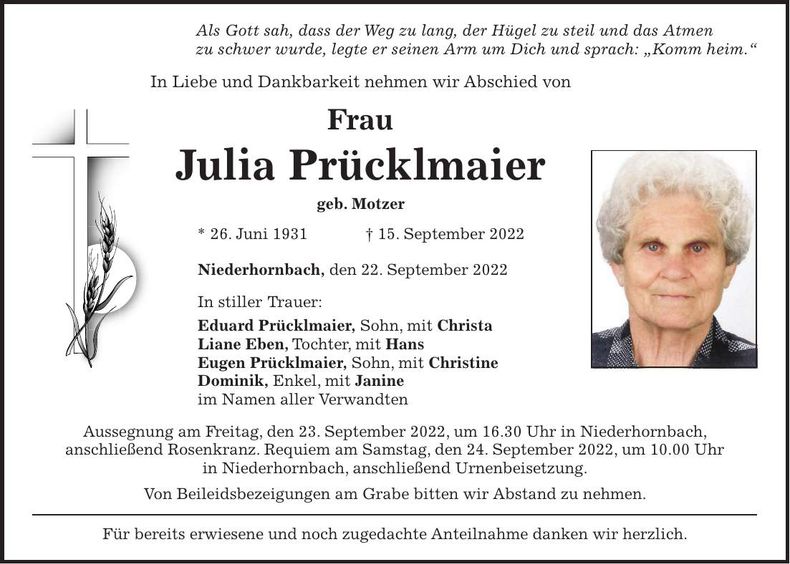 Traueranzeige Julia Prücklmaier