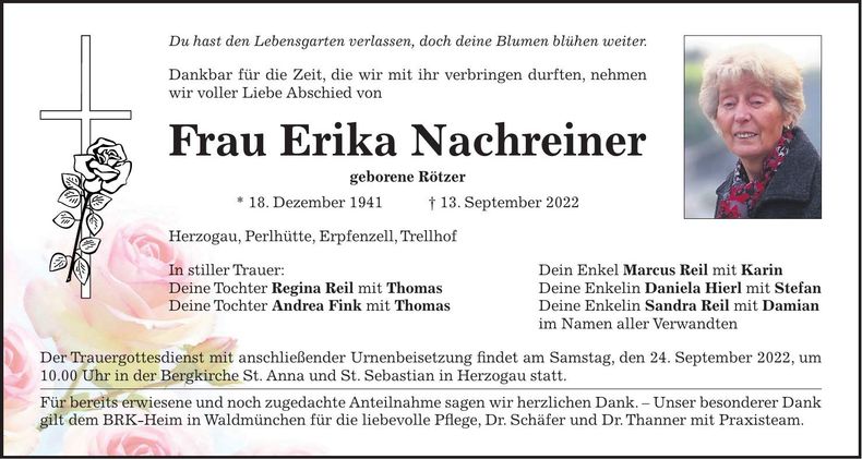 Traueranzeige Erika Nachreiner