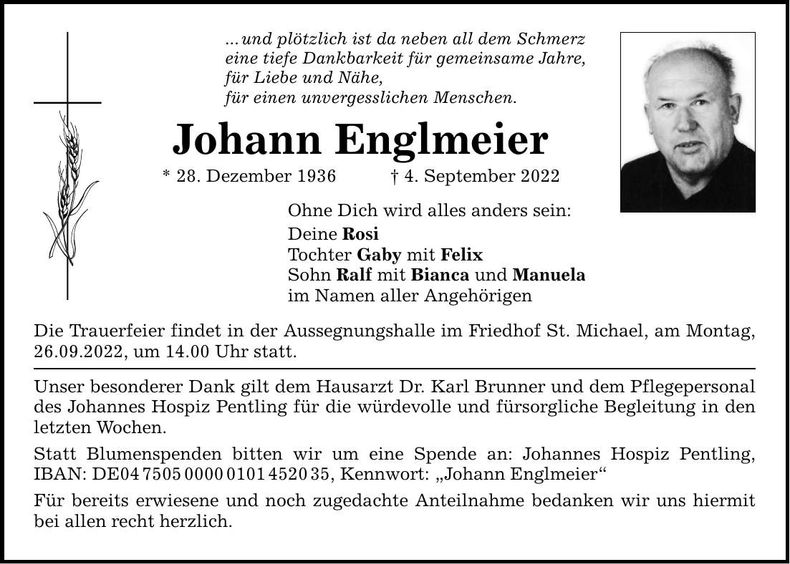 Traueranzeige Johann Englmeier