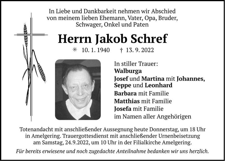Traueranzeige Jakob Schref