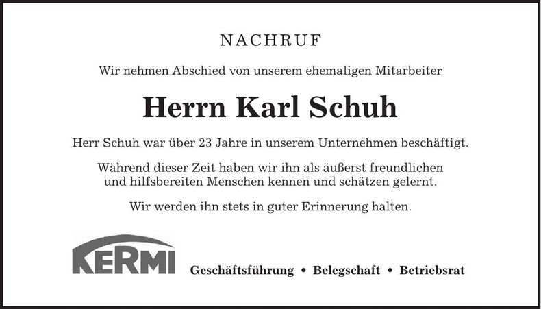 Traueranzeige Karl Schuh