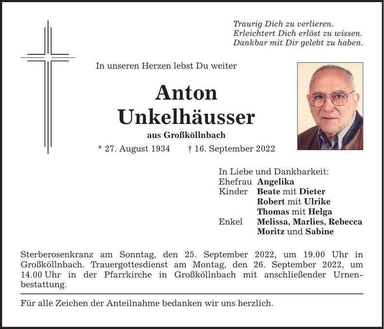 Traueranzeige Anton Unkelhäusser