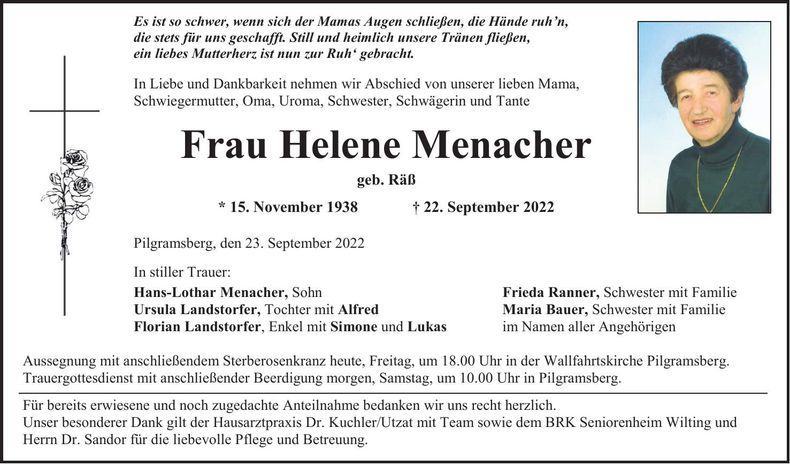 Traueranzeige Helene Menacher