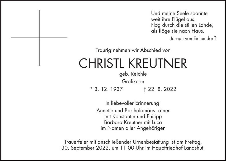 Traueranzeige Christl Kreutner