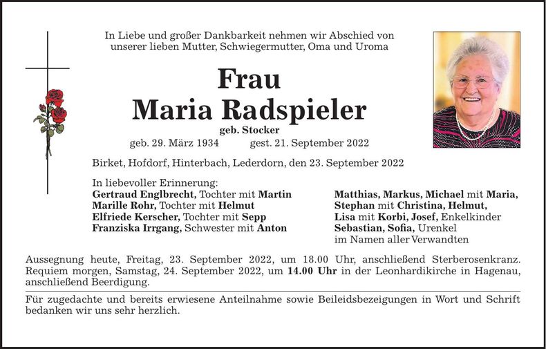 Traueranzeige Maria Radspieler