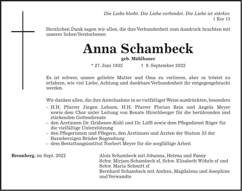 Traueranzeige Anna Schambeck