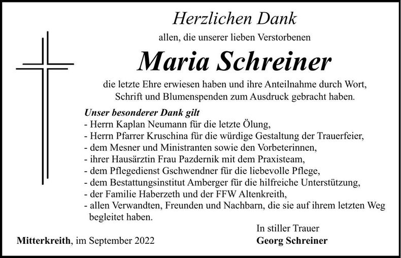 Traueranzeige Maria Schreiner