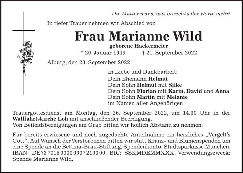Traueranzeige Marianne Wild