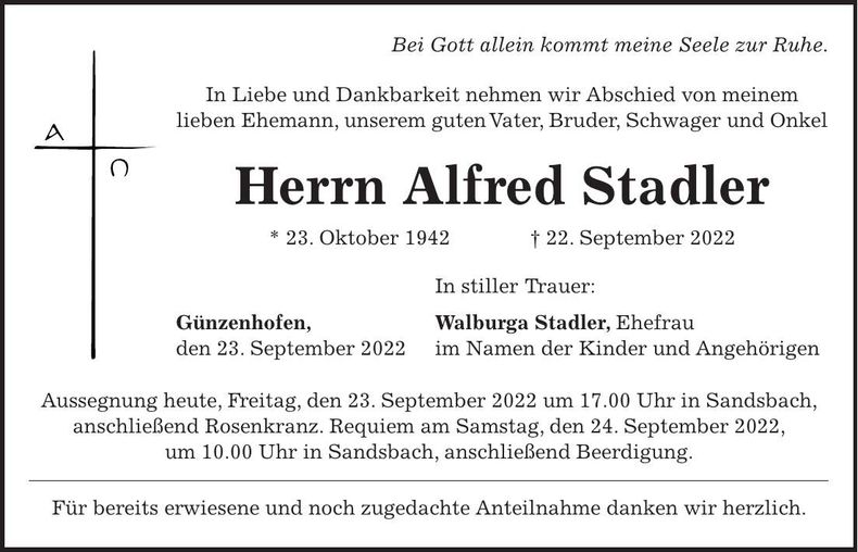 Traueranzeige Alfred Stadler