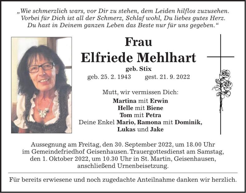 Traueranzeige Elfriede Mehlhart