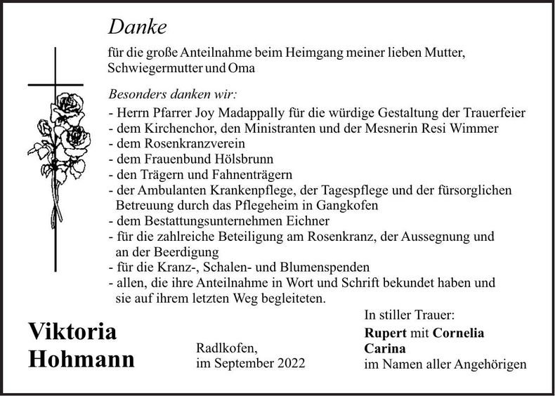 Traueranzeige Viktoria Hohmann