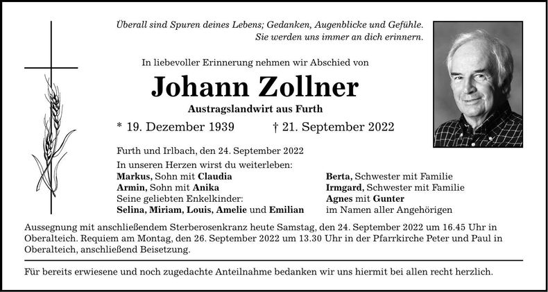 Traueranzeige Johann Zollner