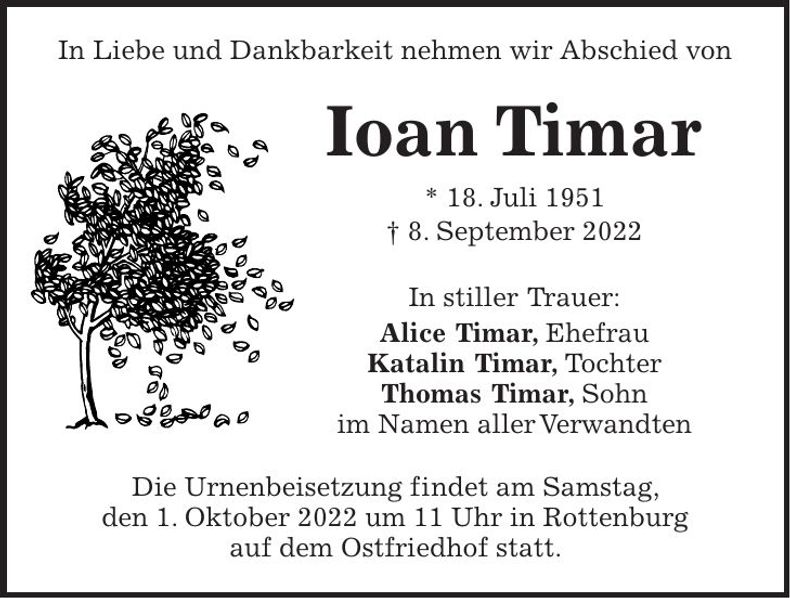 Traueranzeige Ioan Timar