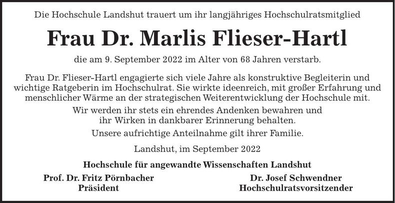 Traueranzeige Marlis Dr. Flieser-Hartl,