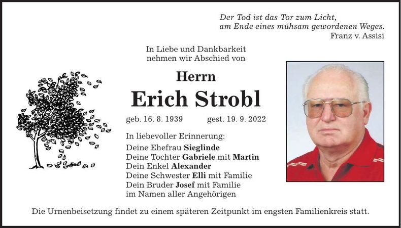 Traueranzeige Erich Strobl