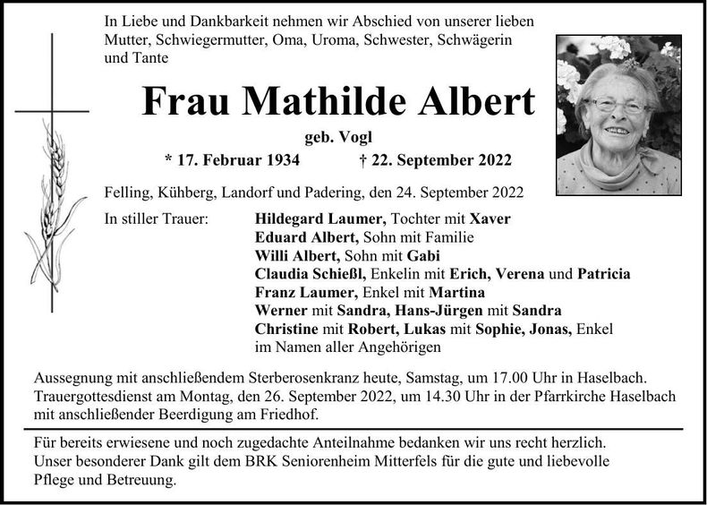 Traueranzeige Mathilde Albert