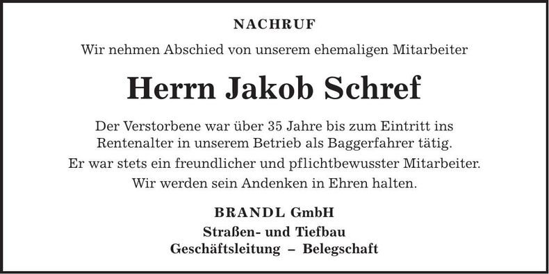 Traueranzeige Jakob Schref