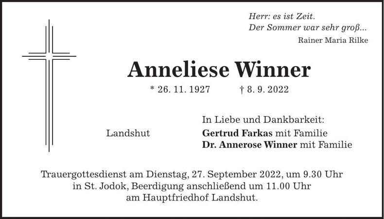 Traueranzeige Anneliese Winner