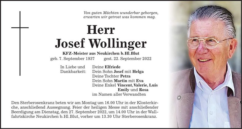Traueranzeige Josef Wollinger