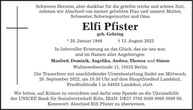 Traueranzeige Elfi Pfister