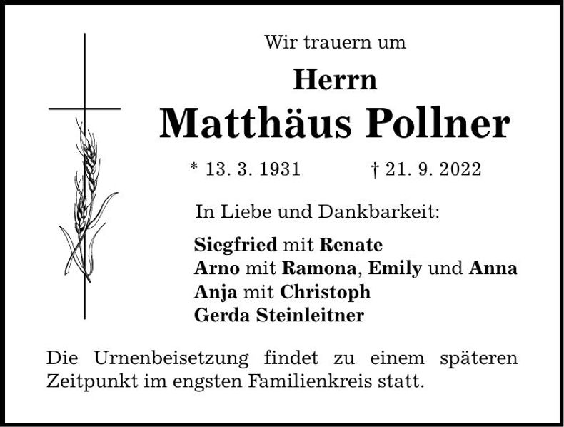 Traueranzeige Matthäus Pollner
