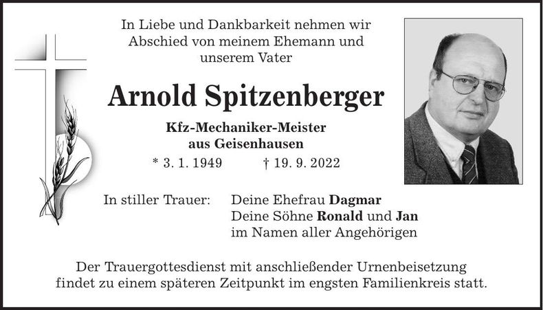 Traueranzeige Arnold Spitzenberger