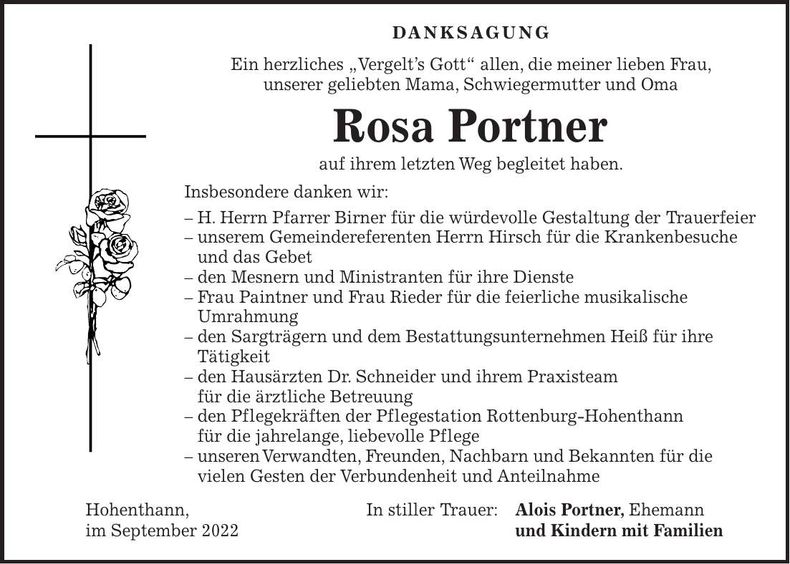 Traueranzeige Rosa Portner