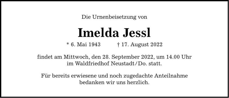 Traueranzeige Imelda Jessl