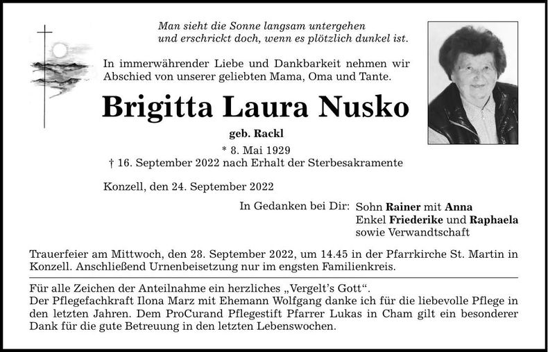Traueranzeige Brigitta Laura Nusko