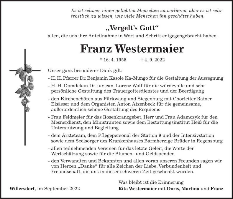 Traueranzeige Franz Westermaier