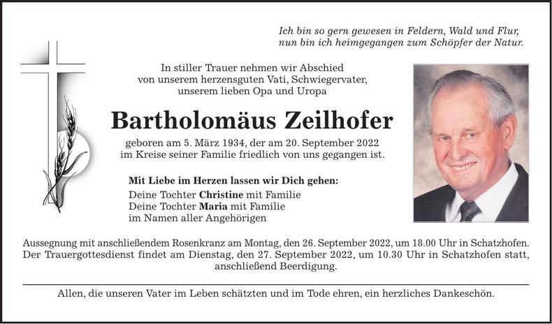 Traueranzeige Bartholomäus Zeilhofer