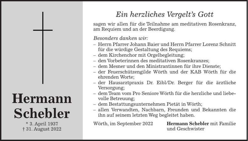 Traueranzeige Hermann Schebler
