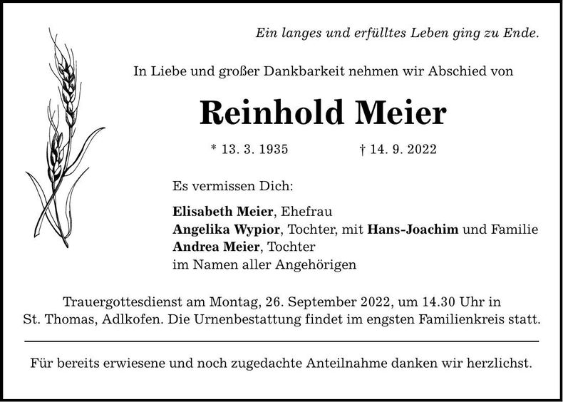 Traueranzeige Reinhold Meier