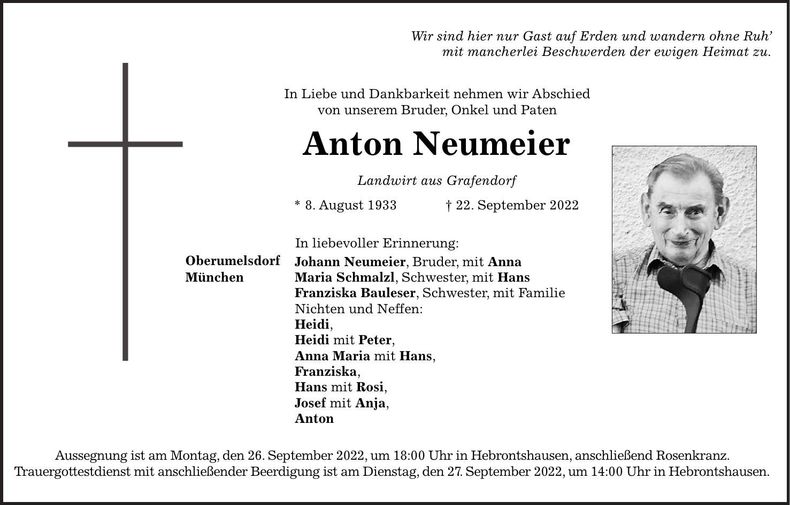 Traueranzeige Anton Neumeier
